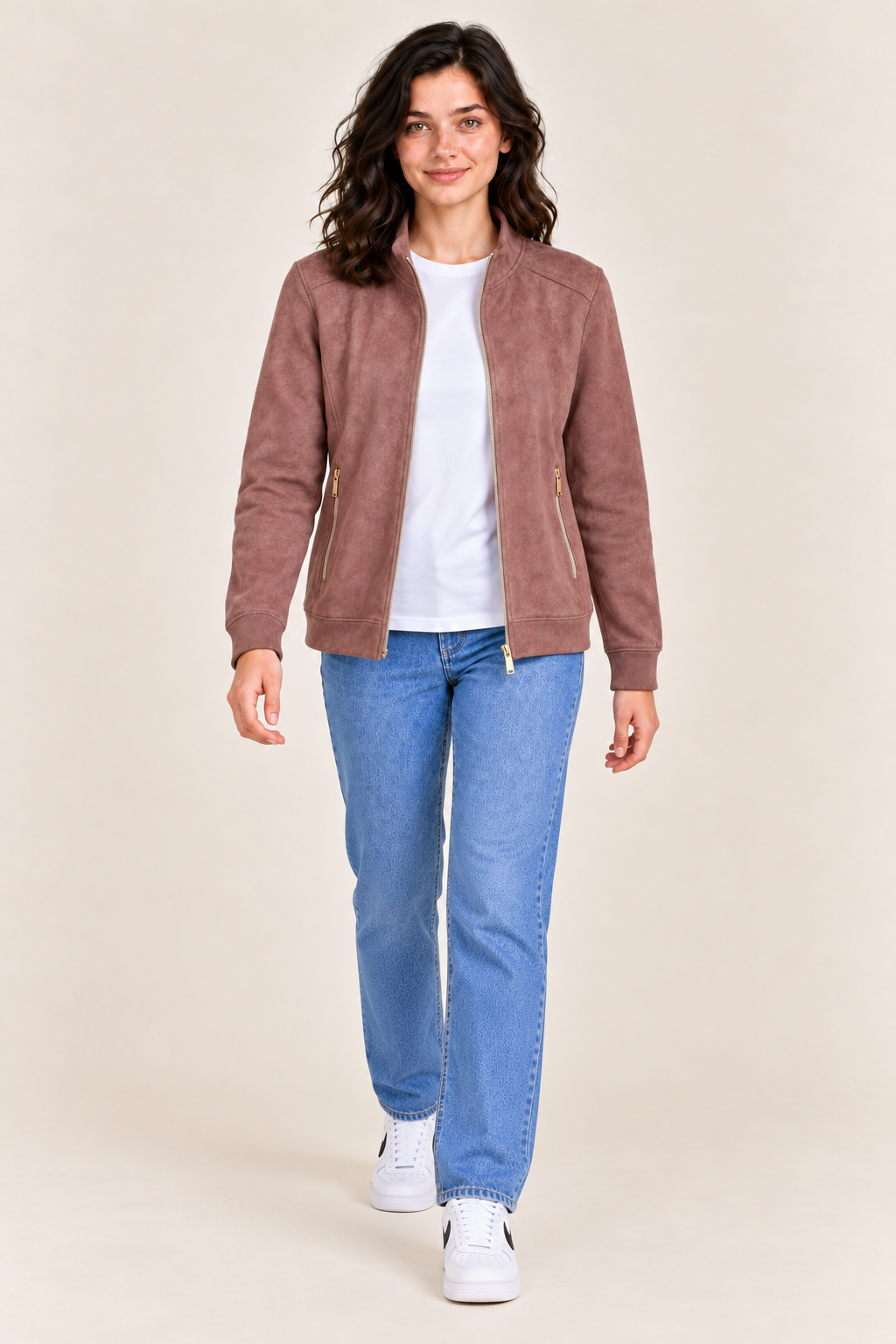 Women's Regular Fit Knitted Suede Full Zip Sweatshirt with Stand Collar and Zipper Pockets – Rose Petal