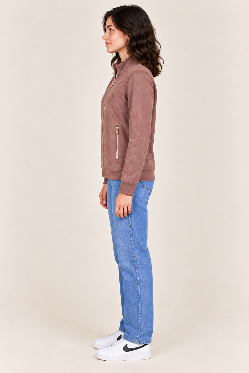 Women's Regular Fit Knitted Suede Full Zip Sweatshirt with Stand Collar and Zipper Pockets – Rose Petal