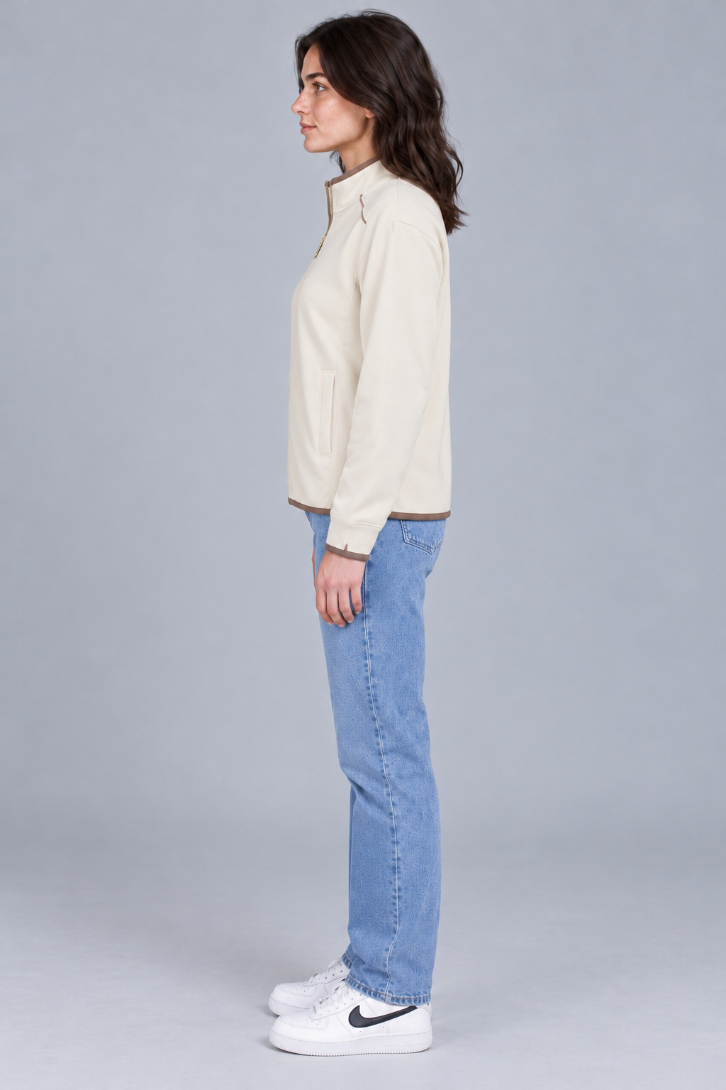 Women's Regular Fit Knitted Full Zip Sweatshirt with Stand Collar – Ivory