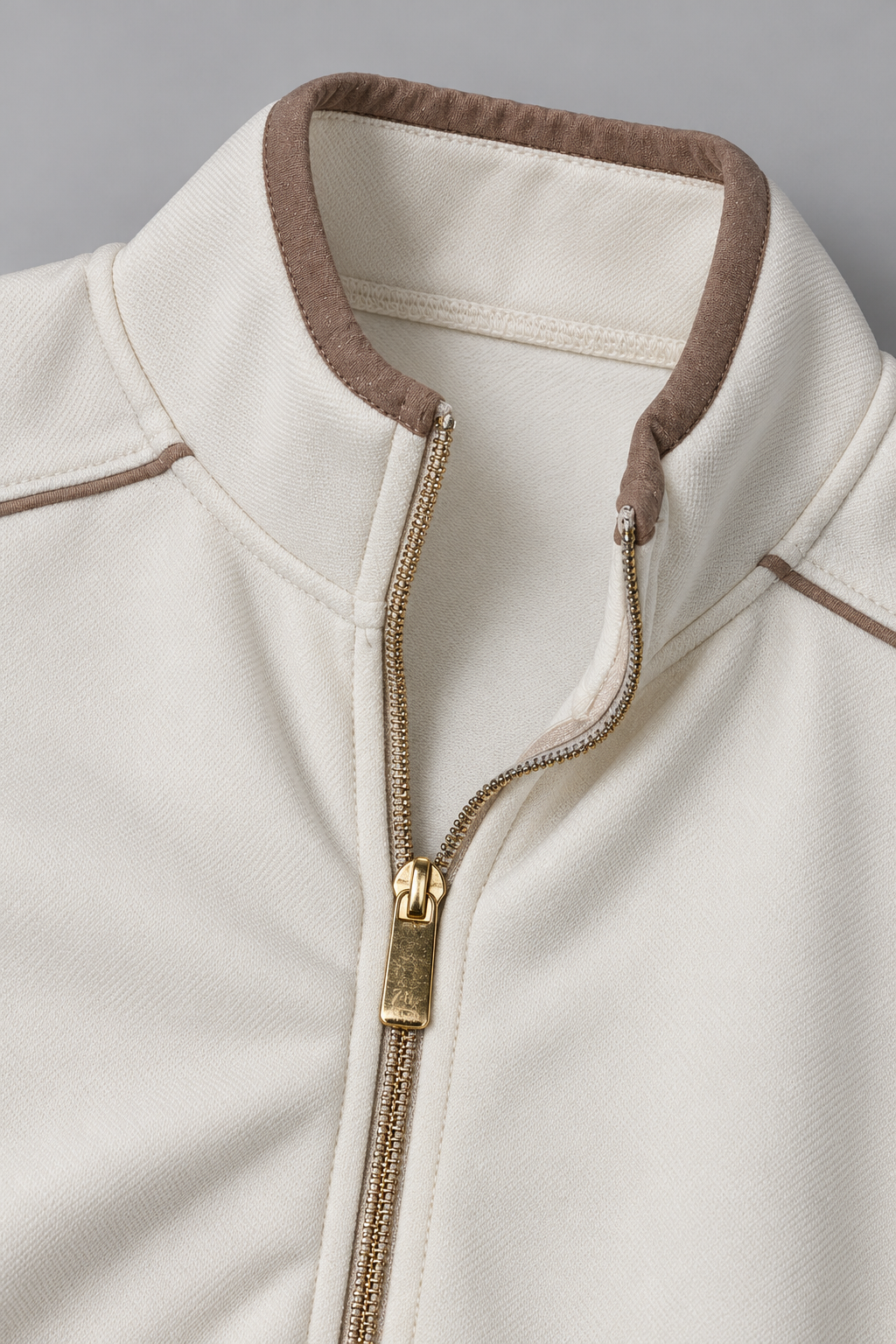 Women's Regular Fit Knitted Full Zip Sweatshirt with Stand Collar – Ivory
