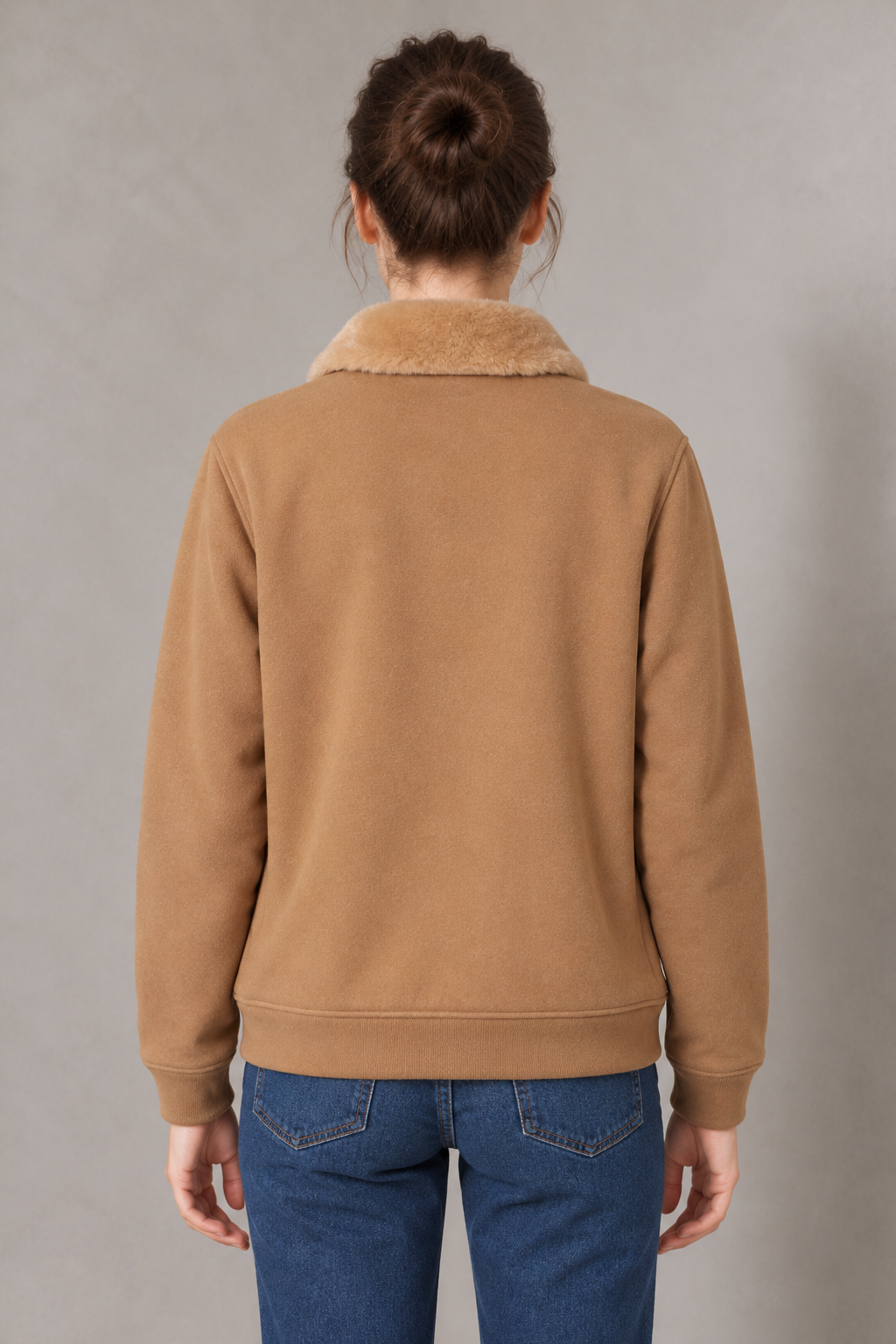 Women's Regular Fit German Velvet Full Zip Sweatshirt with Faux Fur Collar and Side Pockets – Khaki