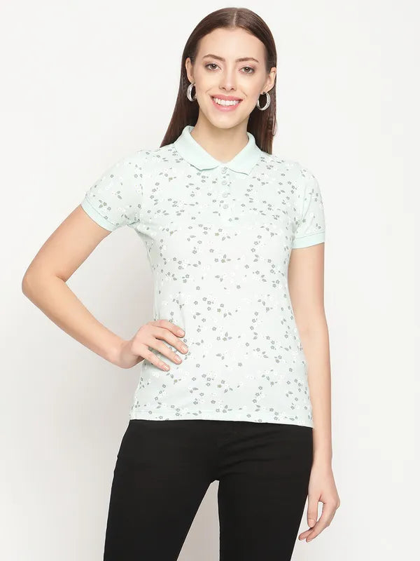 Mettle Women Green White Printed Polo Collar Cotton T-Shirt