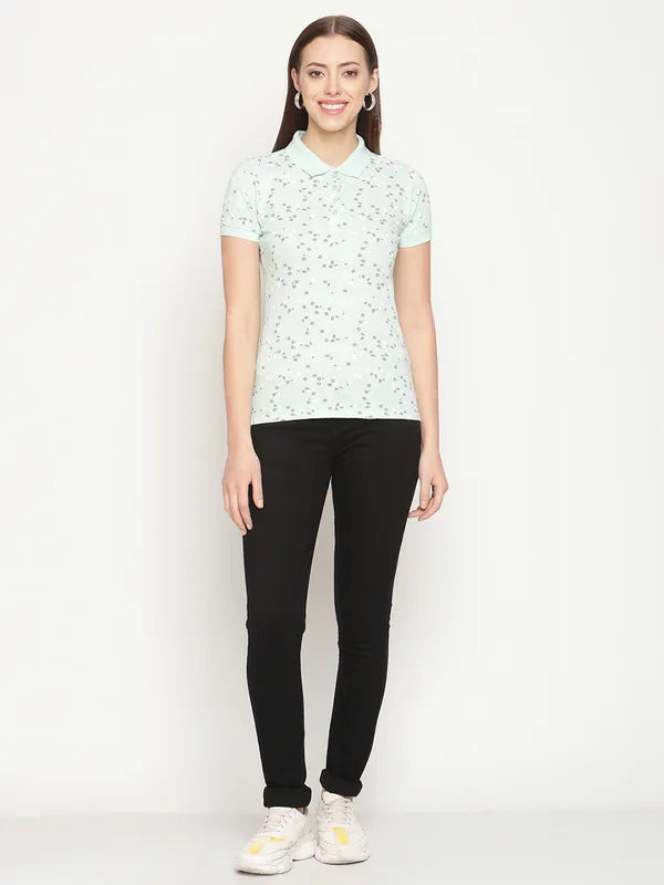 Mettle Women Green White Printed Polo Collar Cotton T-Shirt