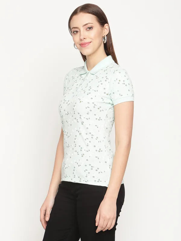 Mettle Women Green White Printed Polo Collar Cotton T-Shirt