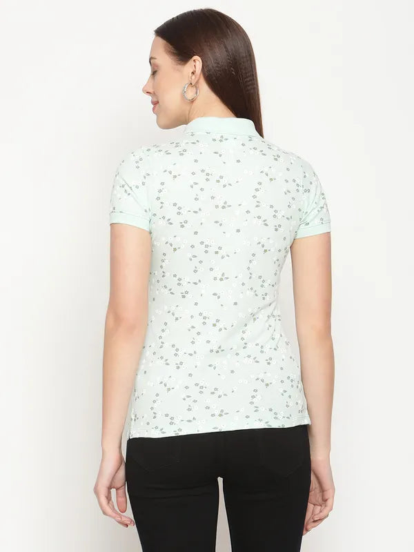 Mettle Women Green White Printed Polo Collar Cotton T-Shirt