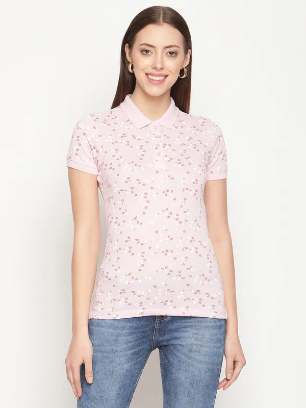 Mettle Women Pink White Floral Printed Polo Collar Cotton T-Shirt