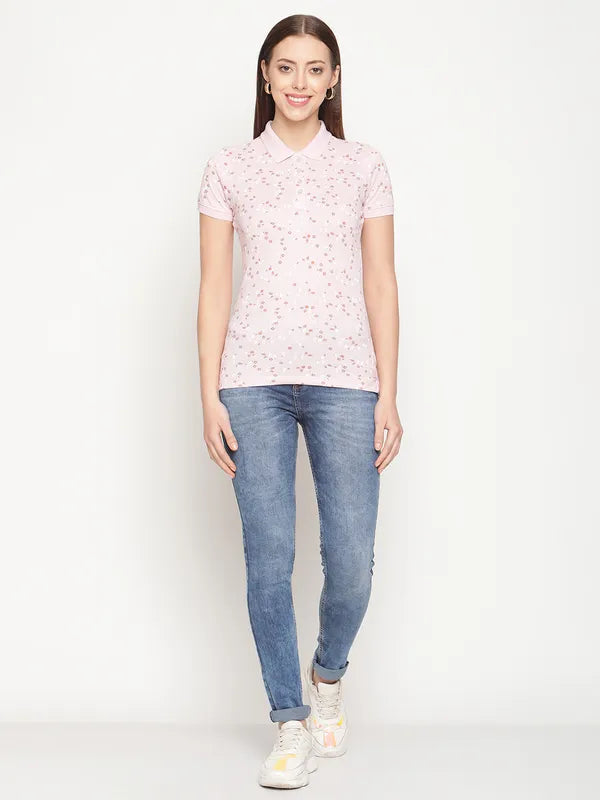 Mettle Women Pink White Floral Printed Polo Collar Cotton T-Shirt