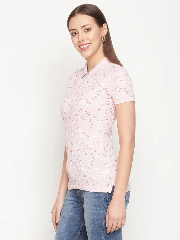 Mettle Women Pink White Floral Printed Polo Collar Cotton T-Shirt