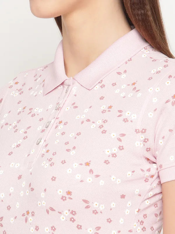 Mettle Women Pink White Floral Printed Polo Collar Cotton T-Shirt