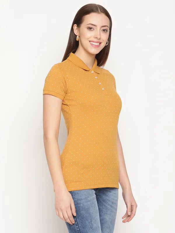 Mettle Women Yellow Printed Polo Collar T-Shirt