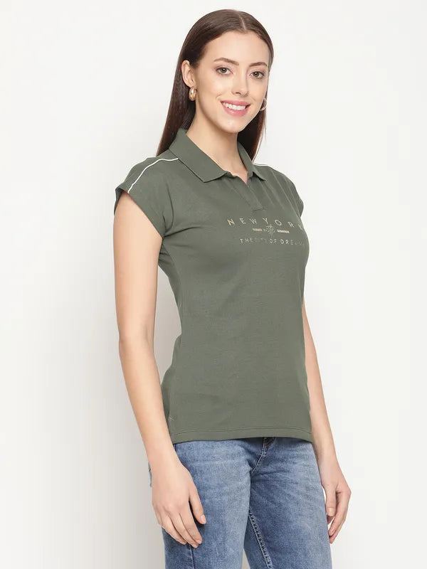Mettle Women Olive Green Typography Printed Polo Collar Extended Sleeves Cotton T-Shirt