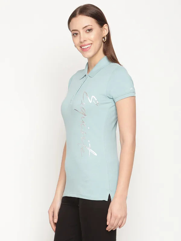 Mettle Women Blue Polo Collar Cotton T-Shirt
