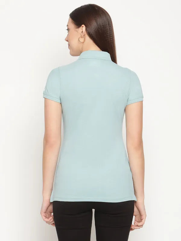 Mettle Women Blue Polo Collar Cotton T-Shirt