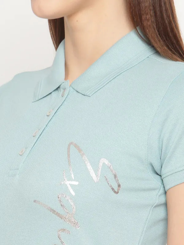 Mettle Women Blue Polo Collar Cotton T-Shirt