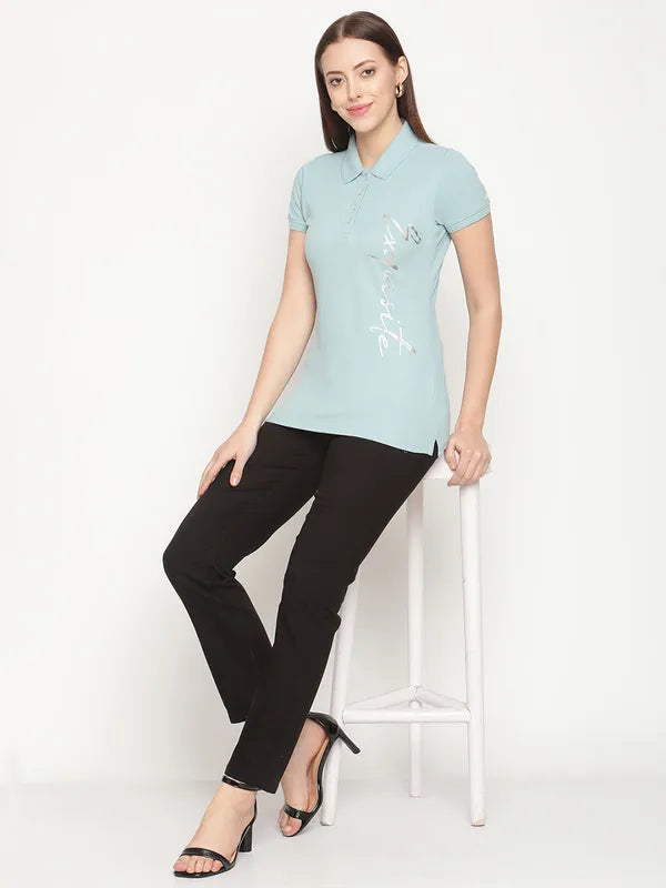 Mettle Women Blue Polo Collar Cotton T-Shirt