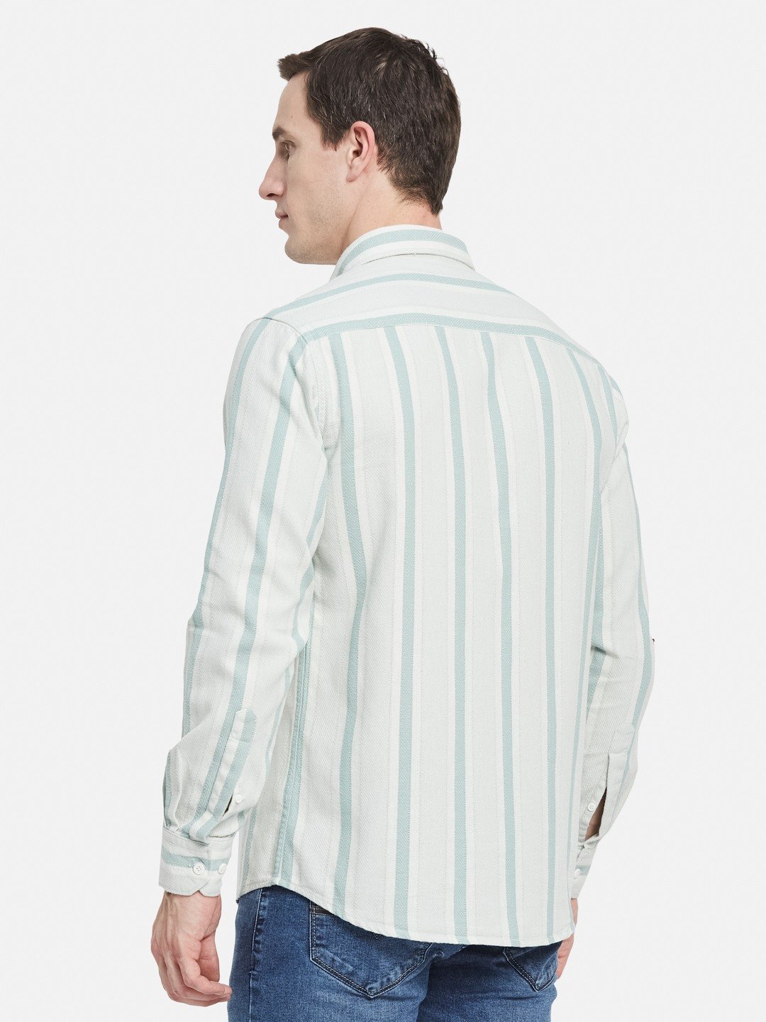 METTLE Men Spread Collar Vertical Striped Cotton Casual Shirt