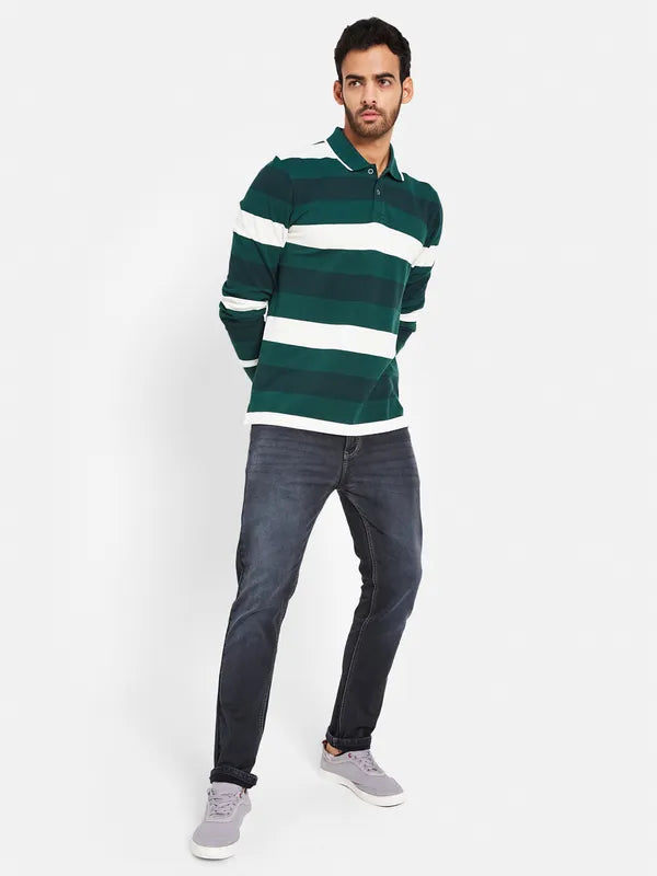 Mettle Men Green Striped High Neck Pockets T-Shirt