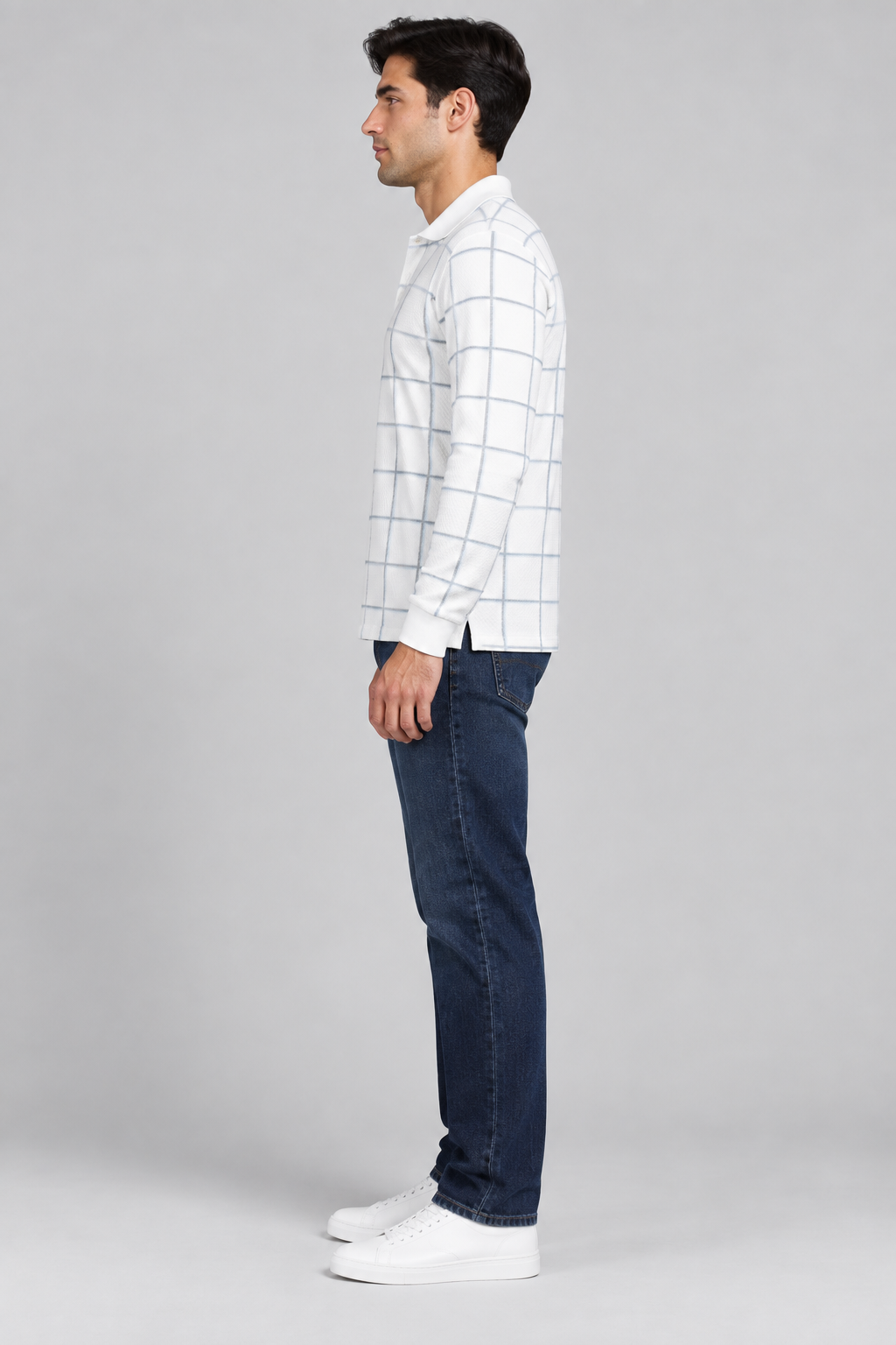 Men’s Delicate Blue Checked Knitted Lycra Full Sleeve Polo T-Shirt – Regular Fit