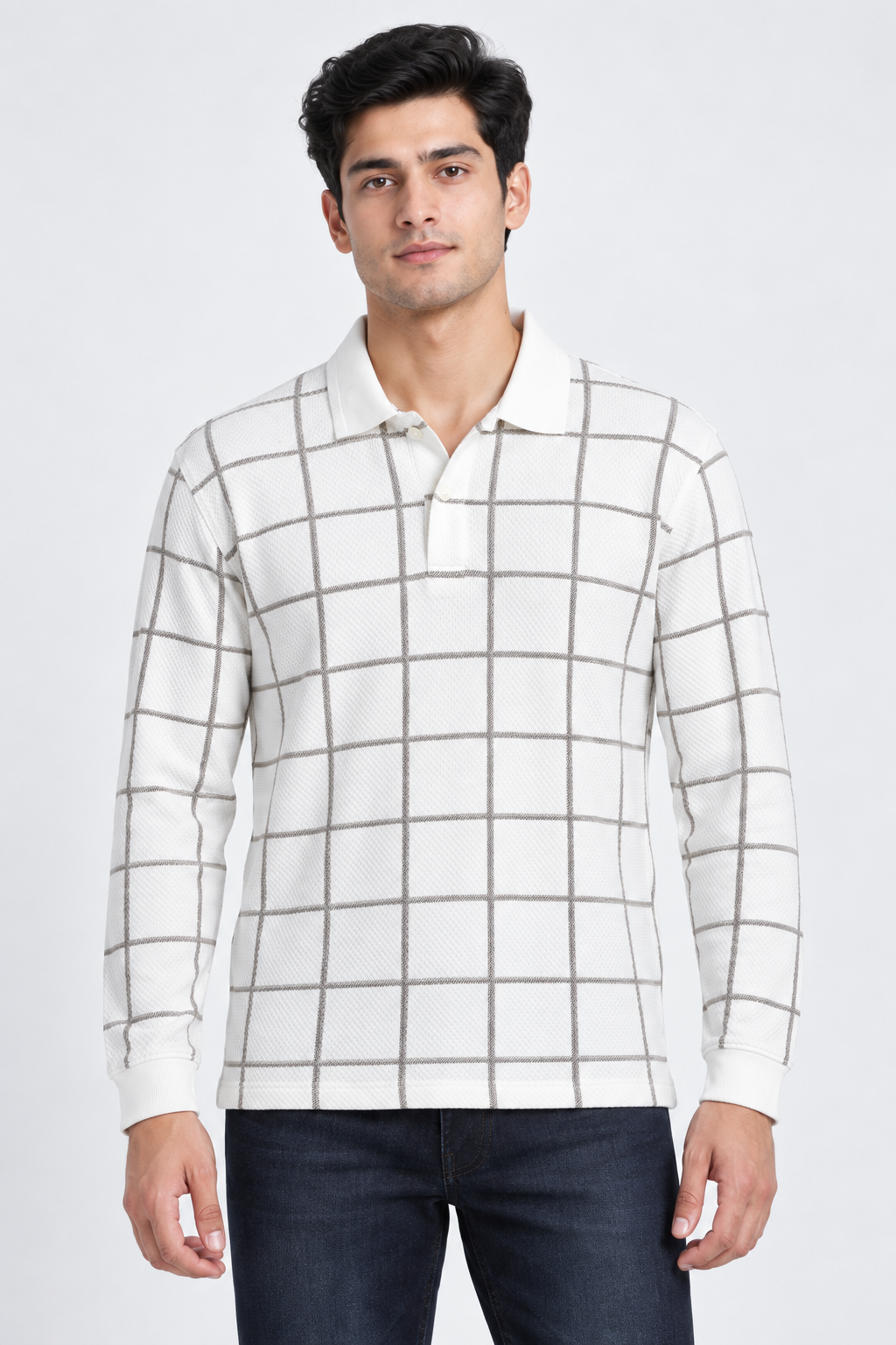 Men’s Stone Checked Knitted Lycra Full Sleeve Polo T-Shirt – Regular Fit