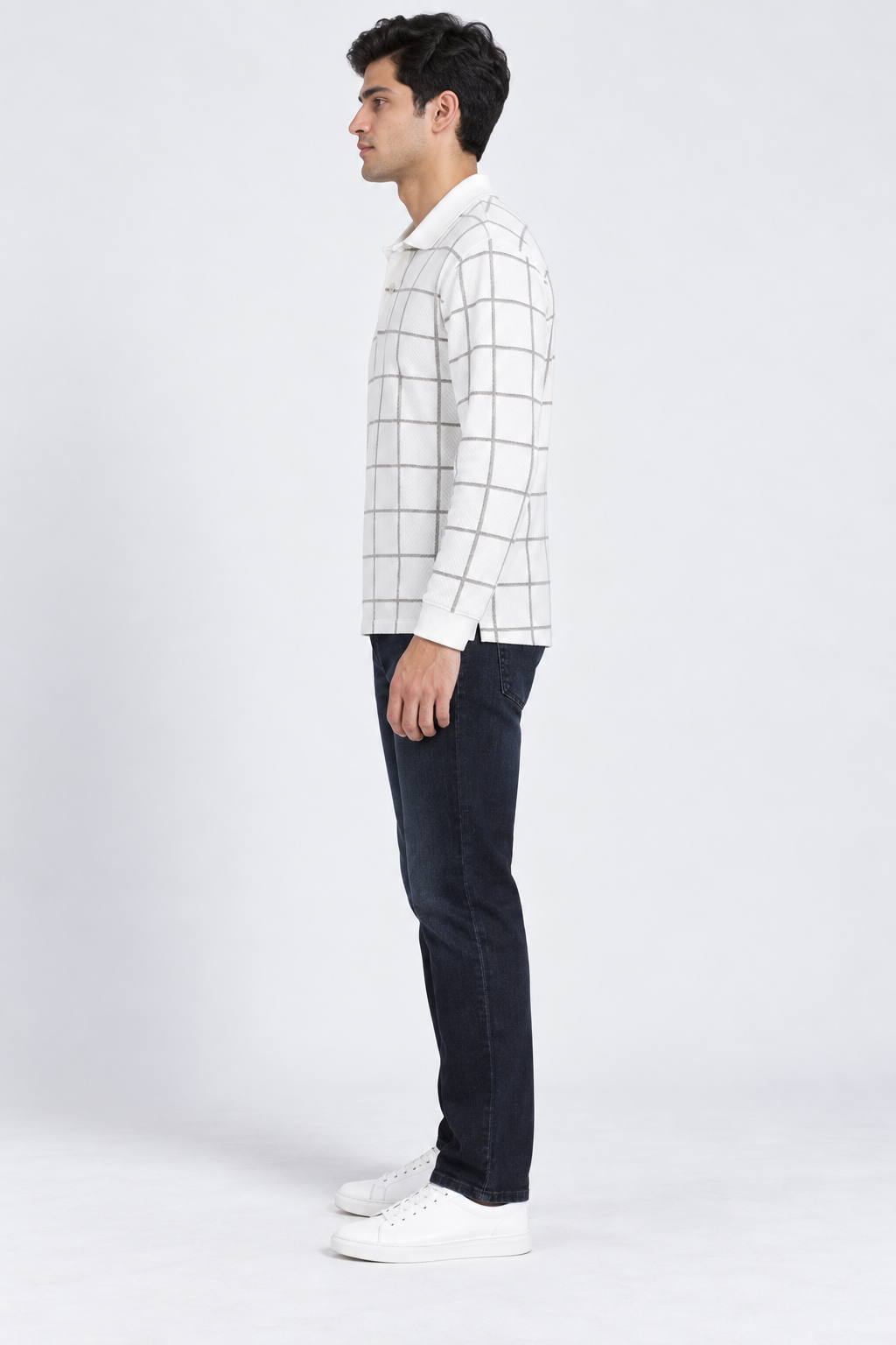 Men’s Stone Checked Knitted Lycra Full Sleeve Polo T-Shirt – Regular Fit