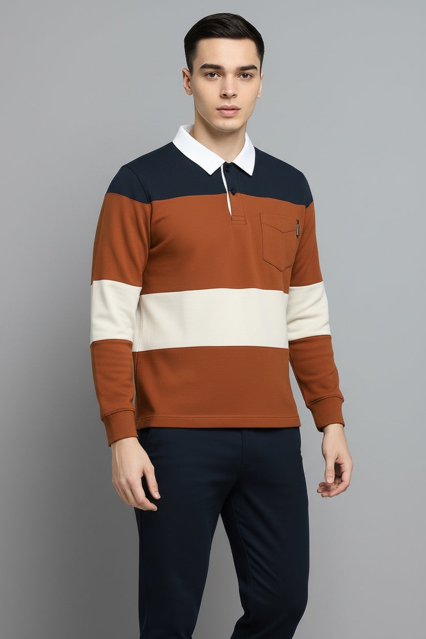 Men Striped Polo Collar Pockets T-shirt