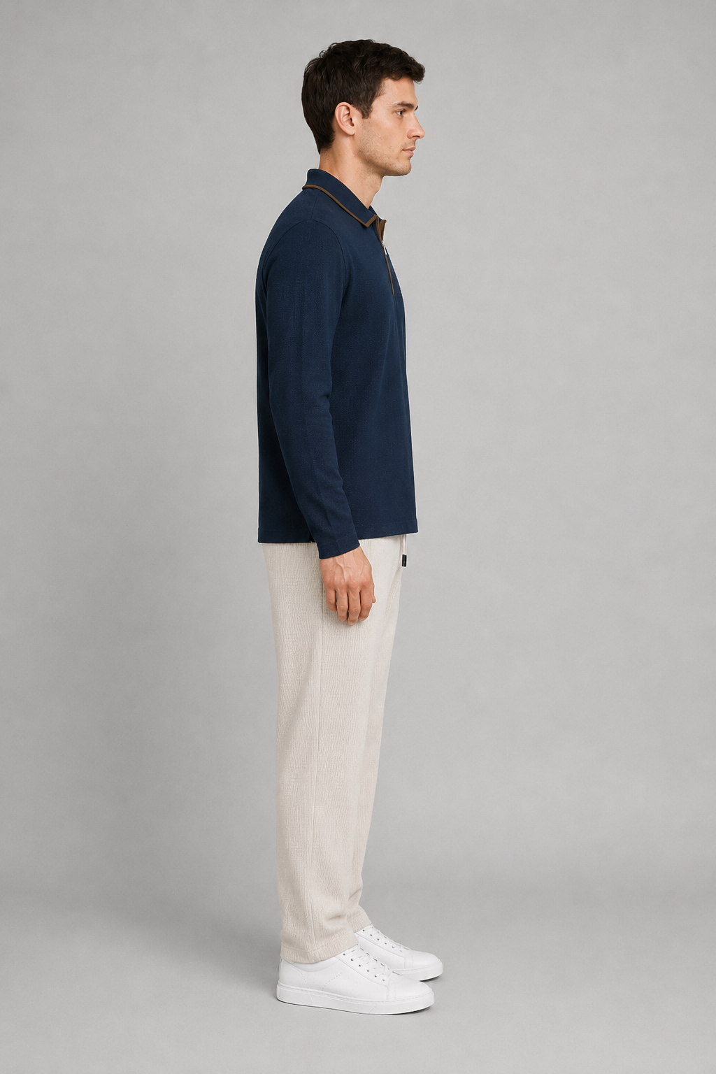 Men’s Dark Navy Popcorn Knit Polo Collar Pre-Winter T-Shirt – Regular Fit Full Sleeve Half-Zip Tee
