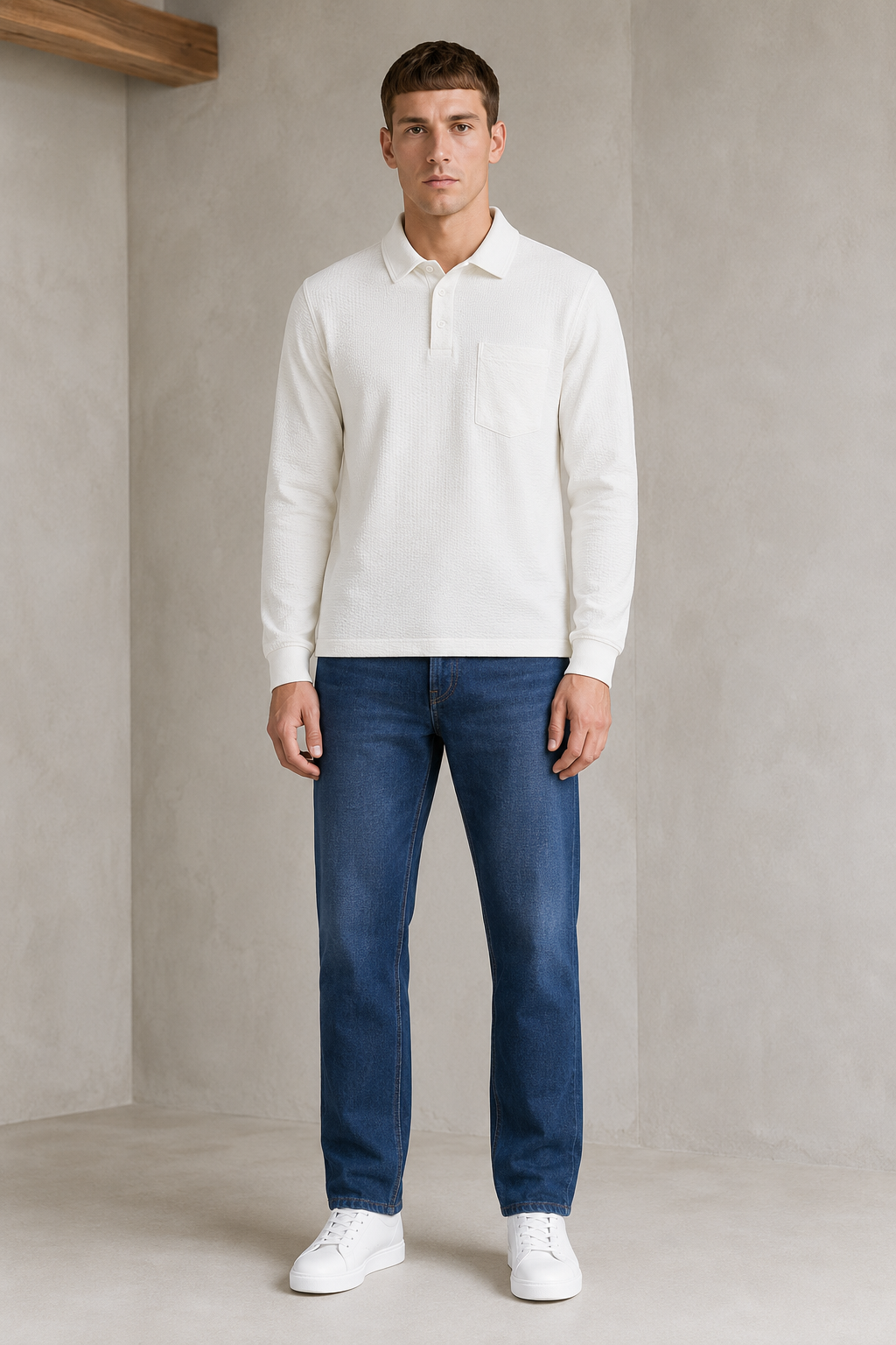 Men’s Off White Seer Sucker Polo Collar Pre-Winter T-Shirt – Regular Fit Full Sleeve Textured Tee