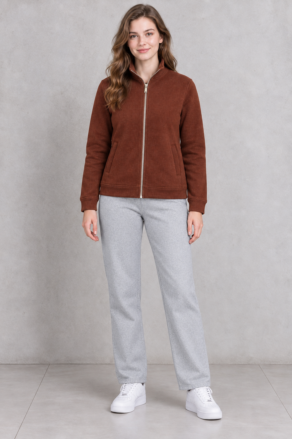 Women’s Grey Melange German Velvet Regular Fit Lower – Soft Winter Casual Pants