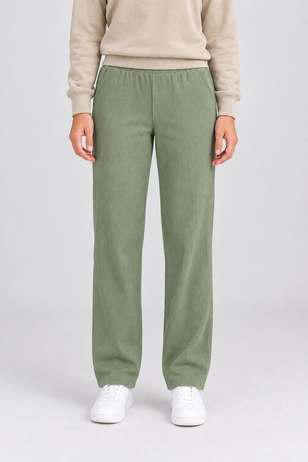 Women’s Green Rib Knit Regular Fit Lower – Comfortable Casual Pants