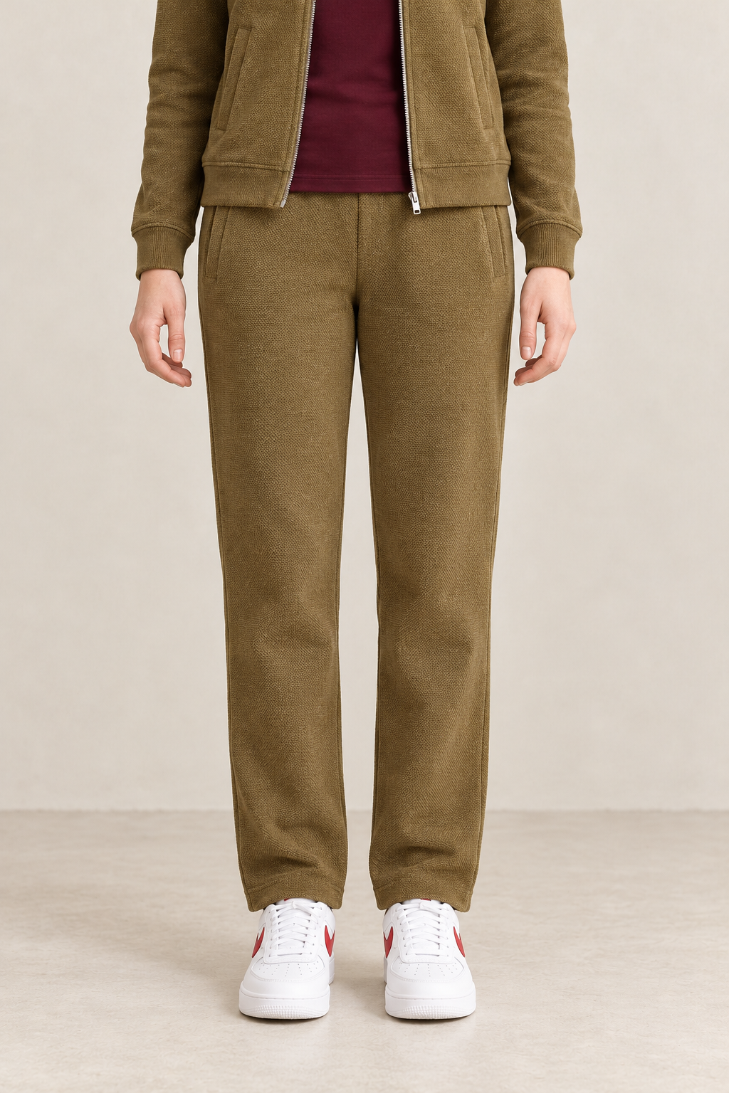 Women’s Khaki Knitted Straight-Leg Track Pants with Side Pockets – Tracksuit Set Lower