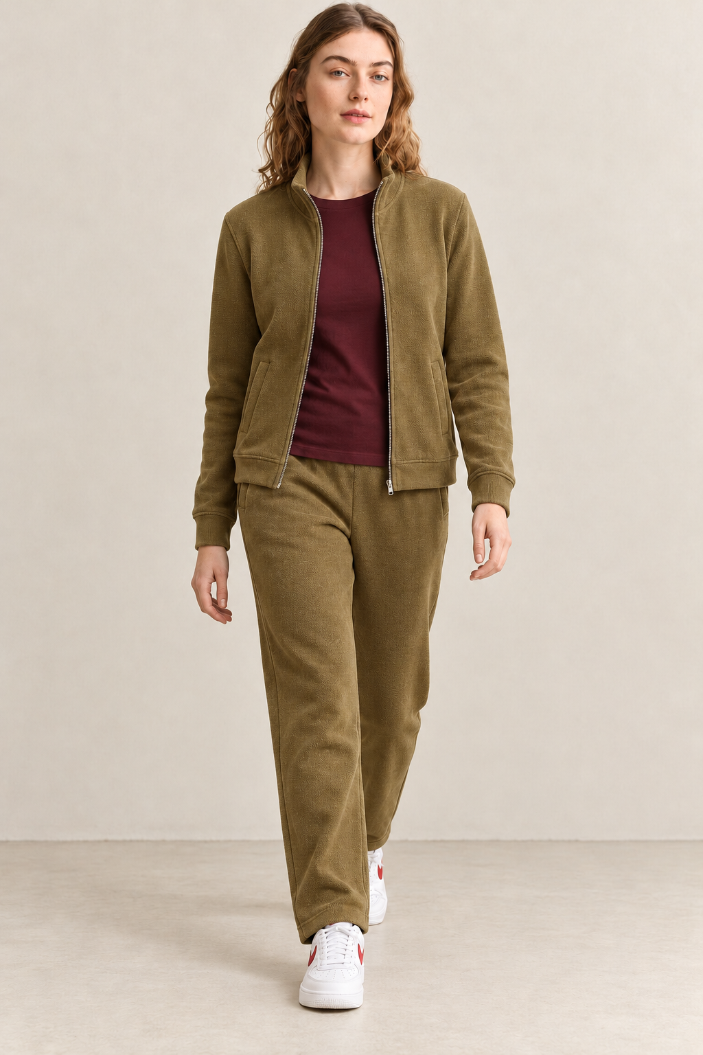 Women’s Khaki Knitted Straight-Leg Track Pants with Side Pockets – Tracksuit Set Lower