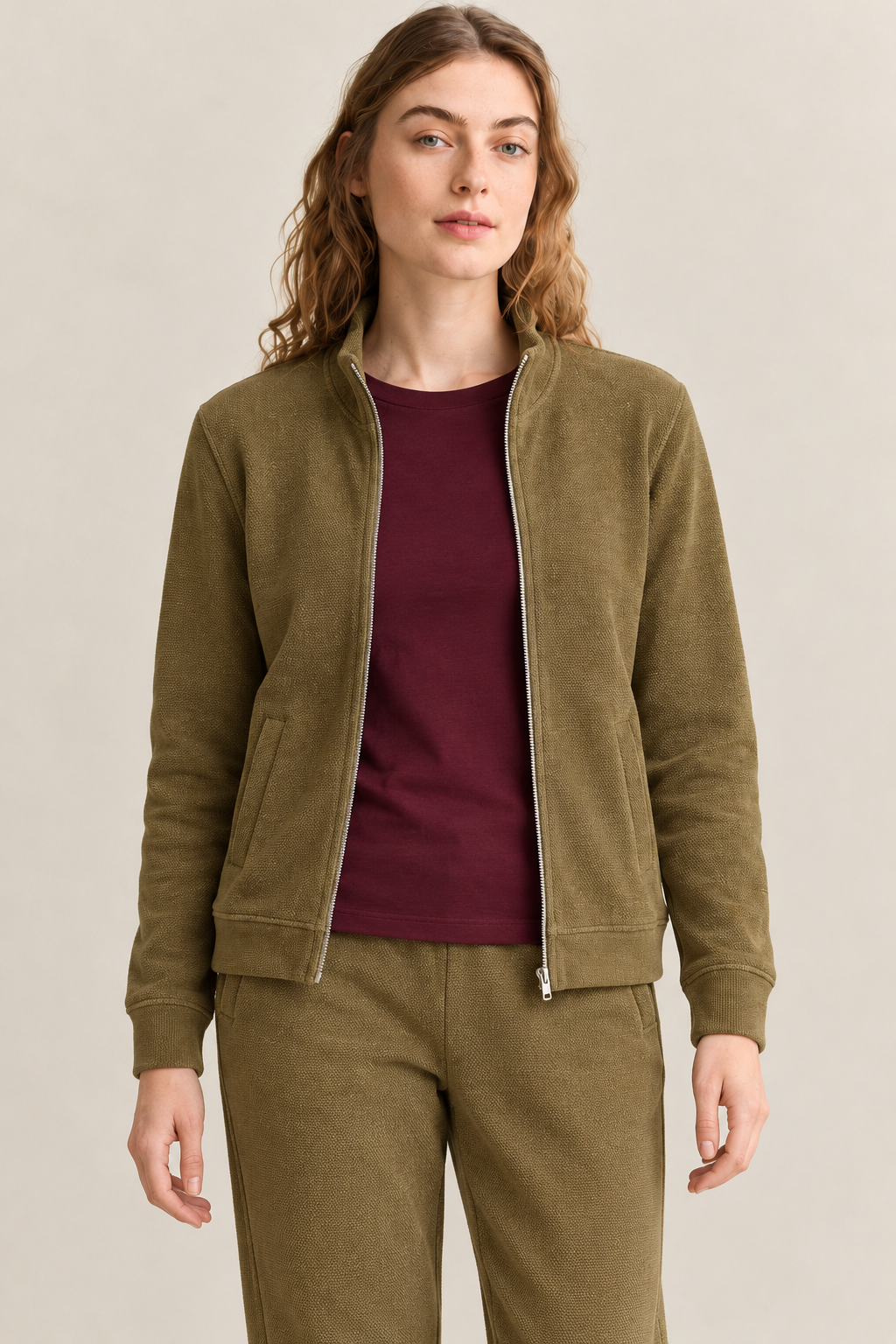 Women’s Khaki Knitted Straight-Leg Track Pants with Side Pockets – Tracksuit Set Lower