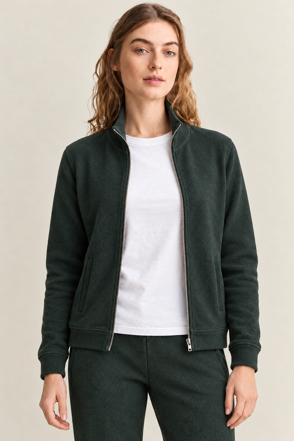 Women’s Bottle Green Knitted Full-Zip Track Jacket – Tracksuit Set Upper