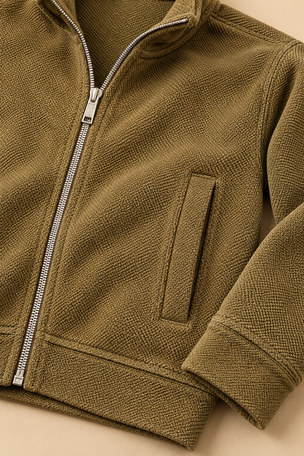 Women’s Khaki Knitted Full-Zip Track Jacket with Stand Collar – Tracksuit Set Upper