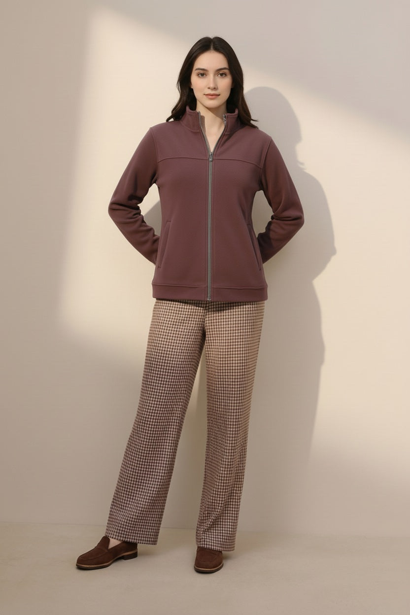 Women Solid Mandarin Neck Sweatshirt