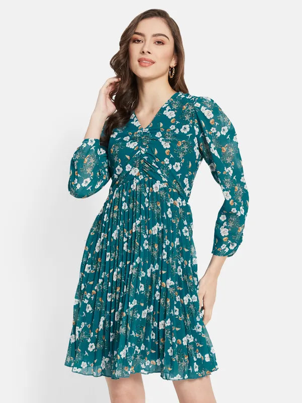 Floral Printed Puff Sleeve Flare Dress