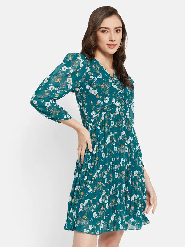 Floral Printed Puff Sleeve Flare Dress