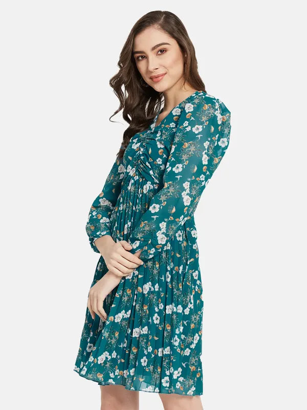 Floral Printed Puff Sleeve Flare Dress