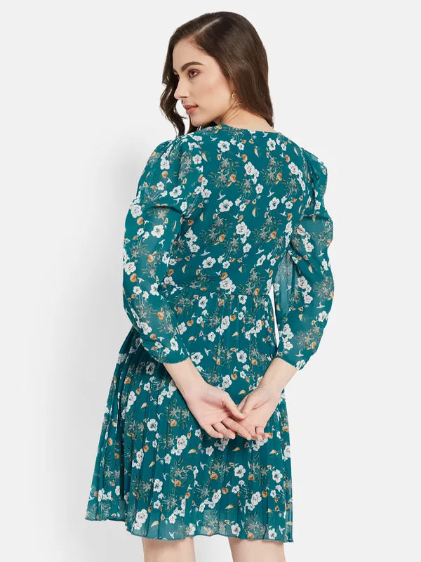 Floral Printed Puff Sleeve Flare Dress