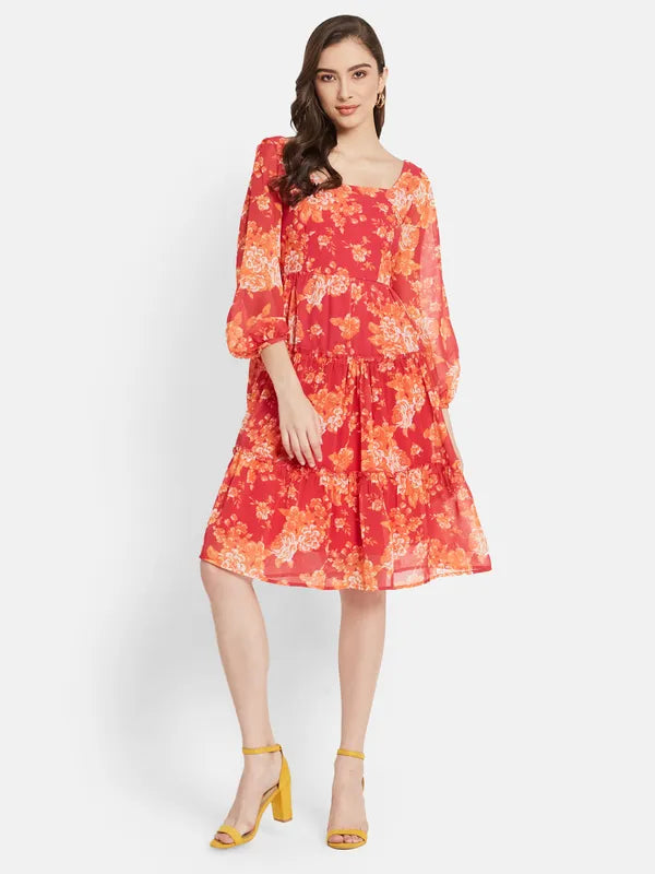 Square Neck Floral Print Three Tier Dress