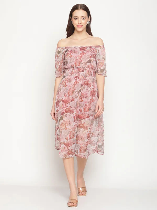 Mettle Pink White Floral Off-Shoulder Cotton Midi Dress