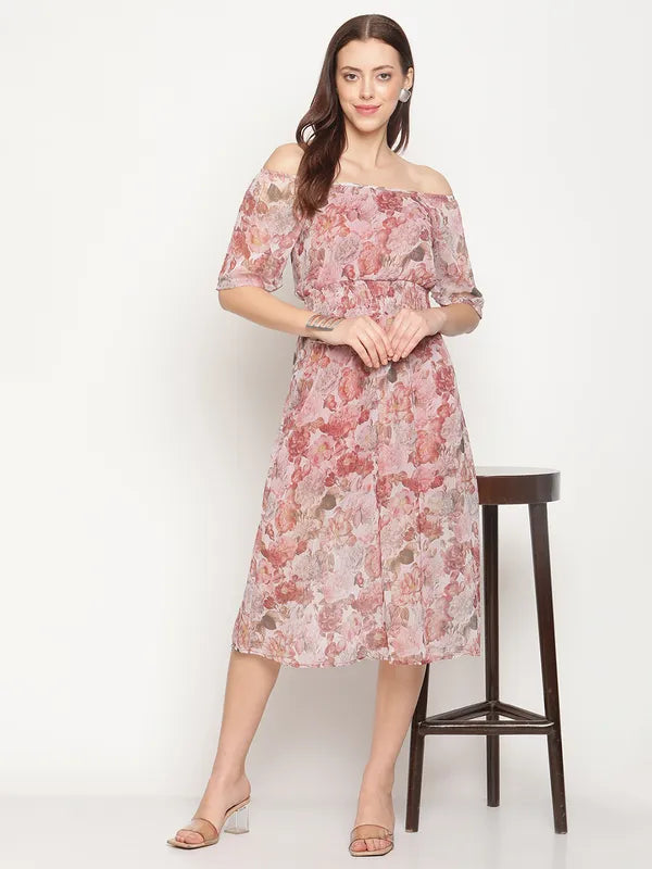 Mettle Pink White Floral Off-Shoulder Cotton Midi Dress