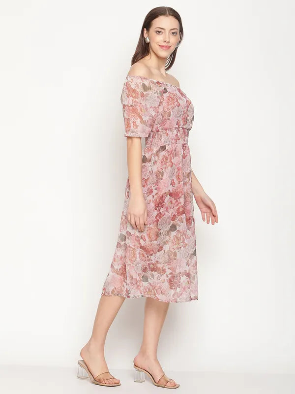 Mettle Pink White Floral Off-Shoulder Cotton Midi Dress