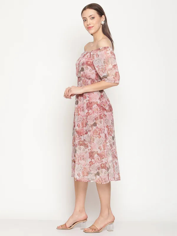 Mettle Pink White Floral Off-Shoulder Cotton Midi Dress