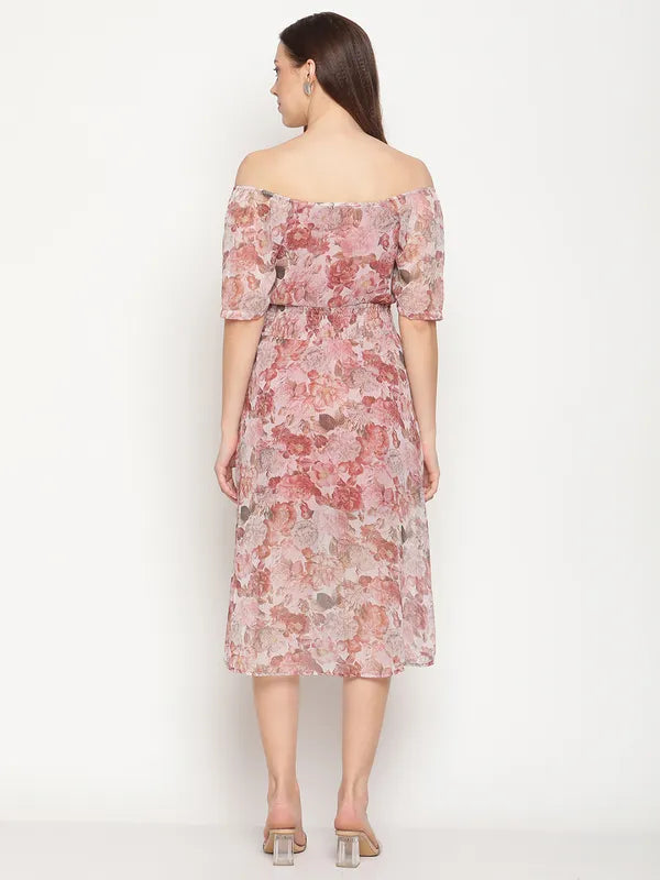 Mettle Pink White Floral Off-Shoulder Cotton Midi Dress