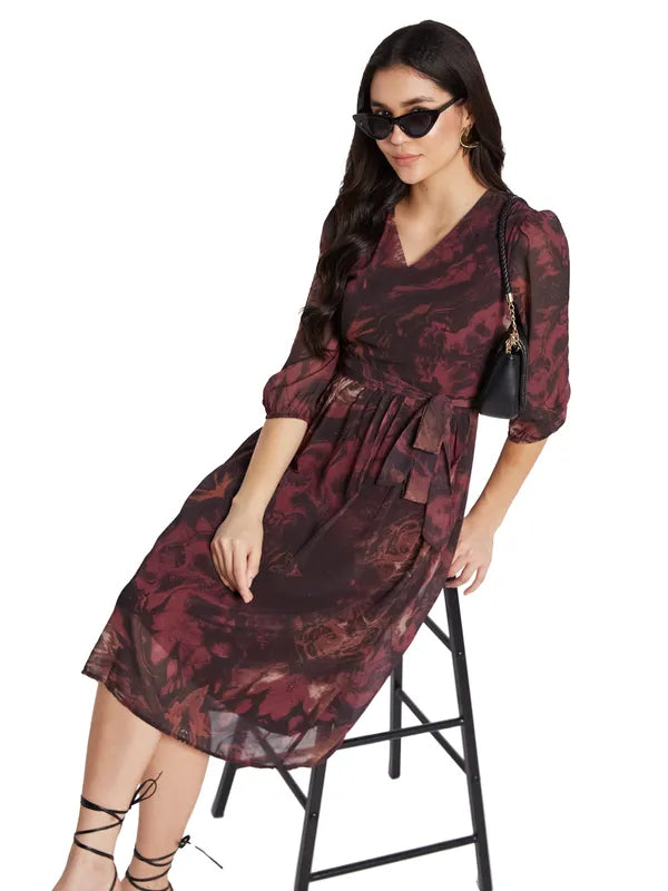 Mettle Printed V-Neck Fit Flare Dress