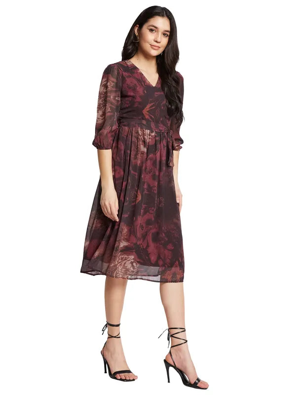 Mettle Printed V-Neck Fit Flare Dress