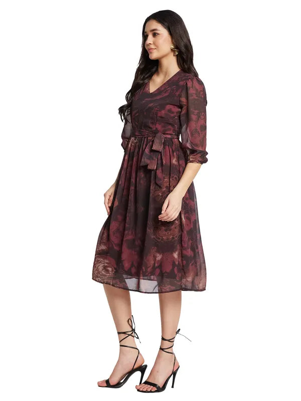 Mettle Printed V-Neck Fit Flare Dress
