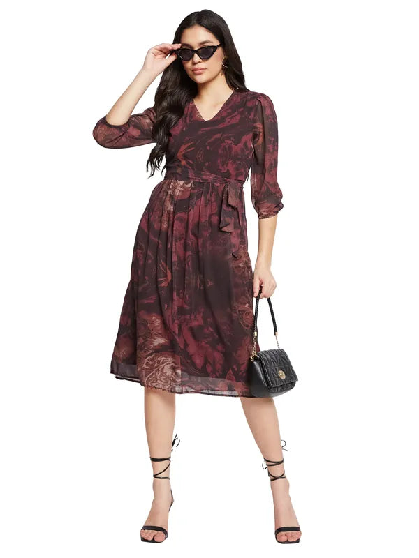 Mettle Printed V-Neck Fit Flare Dress