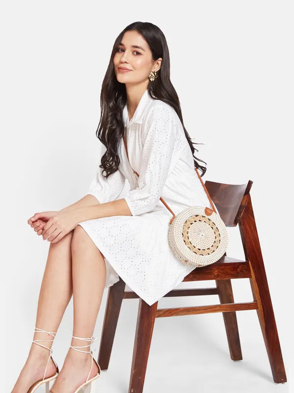 Mettle Self Design Shirt Collar Cotton Fit Flare Dress